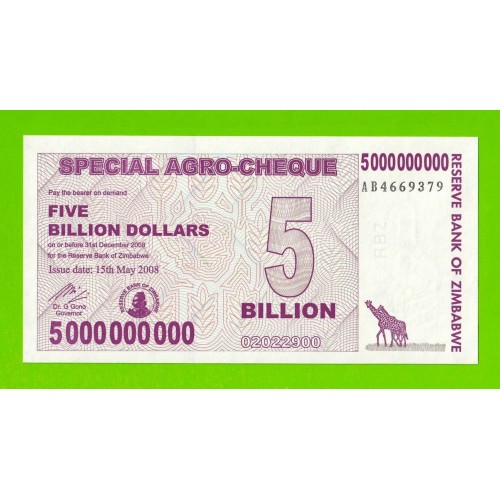 Зимбабве - 5000000000 / 5 миллиардов долларов - 2008 (AB) - UNC!!!