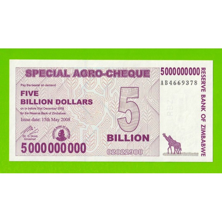 Зимбабве - 5000000000 / 5 миллиардов долларов - 2008 (AB) - UNC!!!
