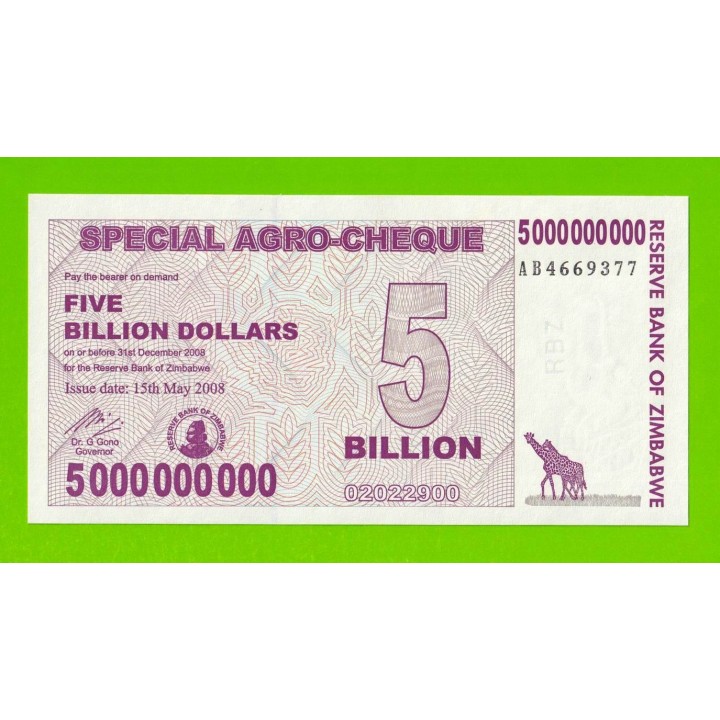 Зимбабве - 5000000000 / 5 миллиардов долларов - 2008 (AB) - UNC!!!