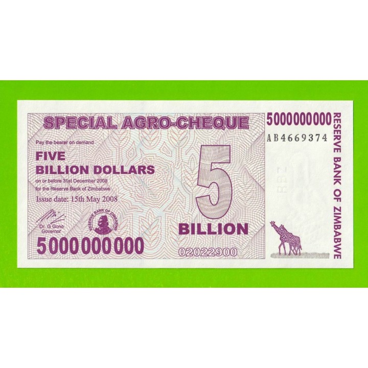 Зимбабве - 5000000000 / 5 миллиардов долларов - 2008 (AB) - UNC!!!