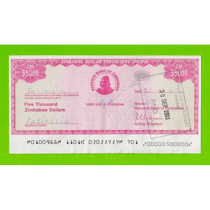Зимбабве - 5000 долларов - Дорожный чек - 2003