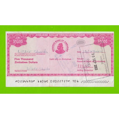Зимбабве - 5000 долларов - Дорожный чек - 2003