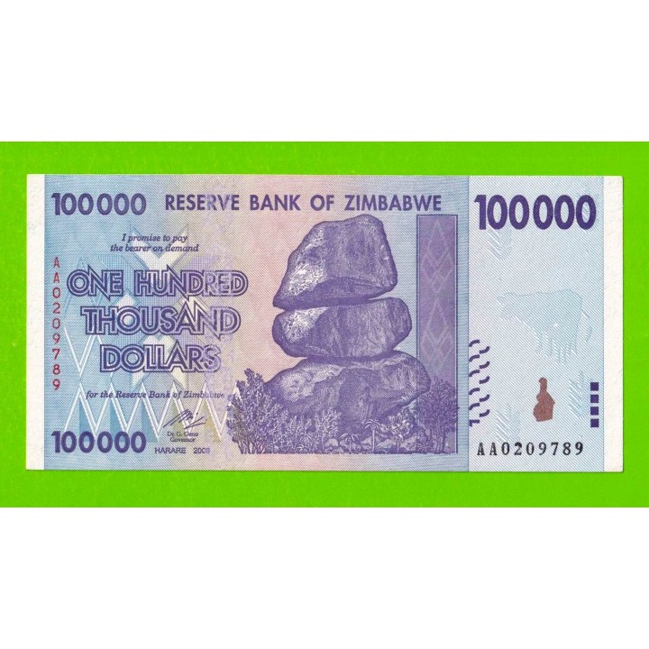 Зимбабве - 100000 долларов - 2008 (AA) - aUNC!!!