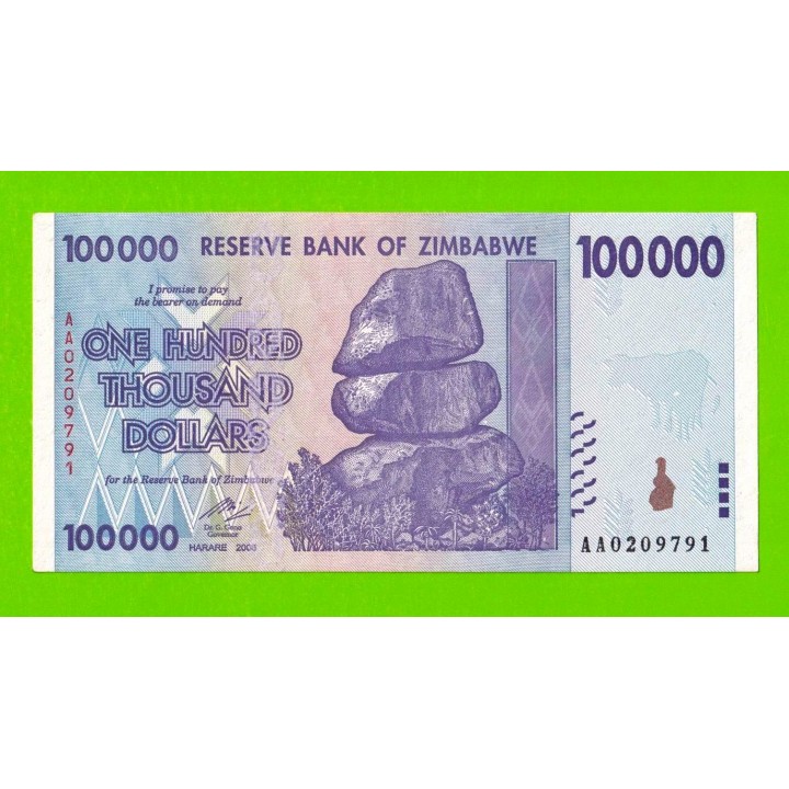 Зимбабве - 100000 долларов - 2008 (AA) - aUNC!!!