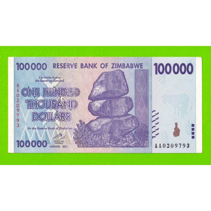 Зимбабве - 100000 долларов - 2008 (AA) - aUNC!!!