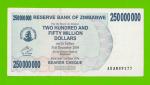 Зимбабве - 250000000 / 250 миллионов долларов - 2008 (AB)