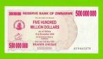 Зимбабве - 500000000 / 500 миллионов долларов - 2008 (AC) - UNC-!!!