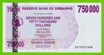 Зимбабве - 750000 долларов - 2007 (AE) - UNC!!!