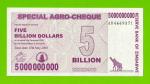 Зимбабве - 5000000000 / 5 миллиардов долларов - 2008 (AB) - UNC!!!