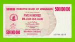 Зимбабве - 500000000 / 500 миллионов долларов - 2008 (AC) - XF+!!!